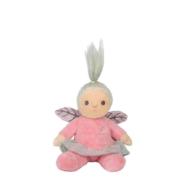 Plush toy fairy with pink outfit and wings on a white background