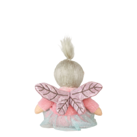 Small fairy figurine with pink wings and a white hair bun on a white background