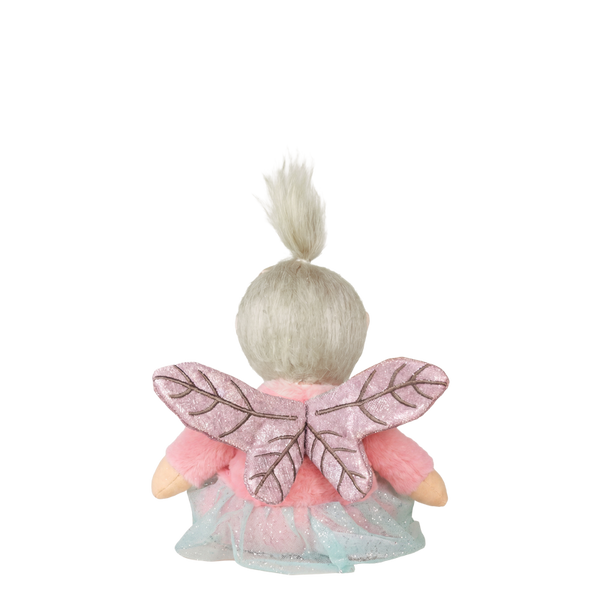 Small fairy figurine with pink wings and a white hair bun on a white background