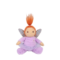 Plush toy fairy with orange hair and purple outfit on a white background
