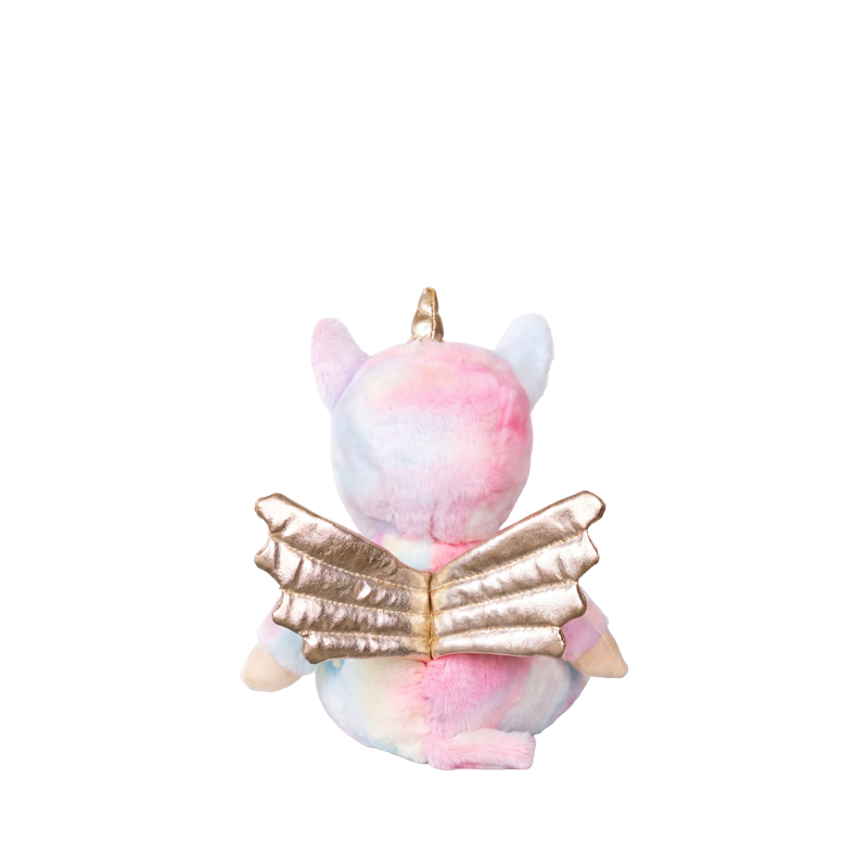 Dinky Dinkum - Yara Unicorn pastel soft doll shown from behind with pink and blue fur and shimmering rose gold wings from Dinky Dinkums plush toys