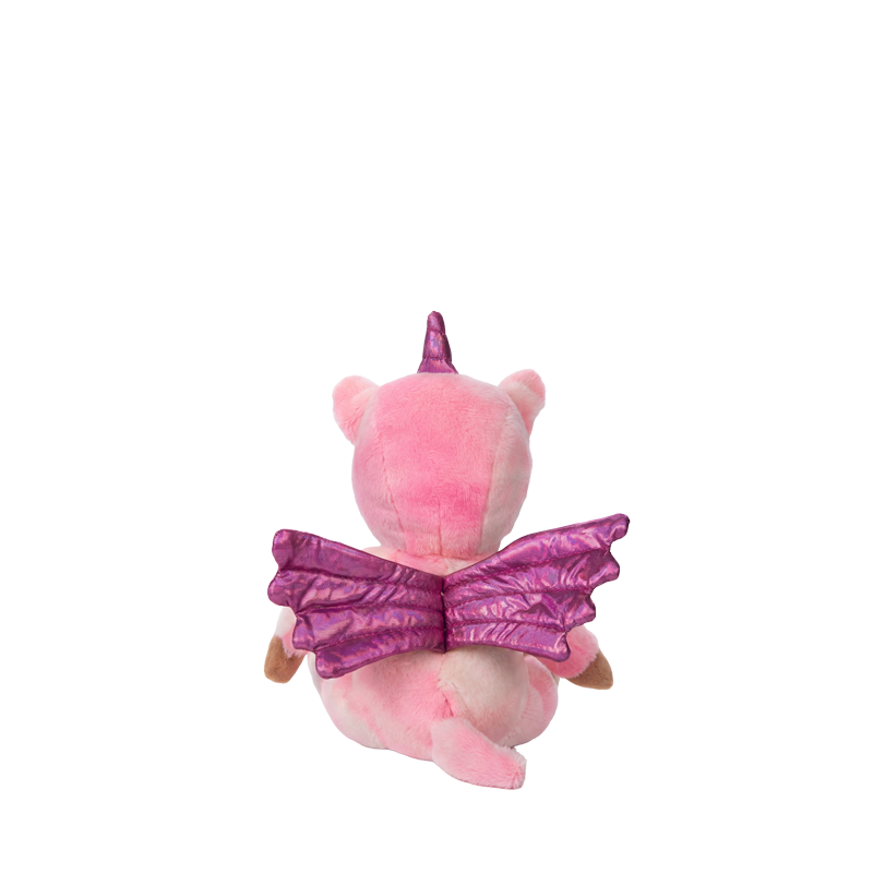 Dinky Dinkum - Yuna Unicorn pink soft doll viewed from behind with a purple cape and unicorn horn by Dinky Dinkums