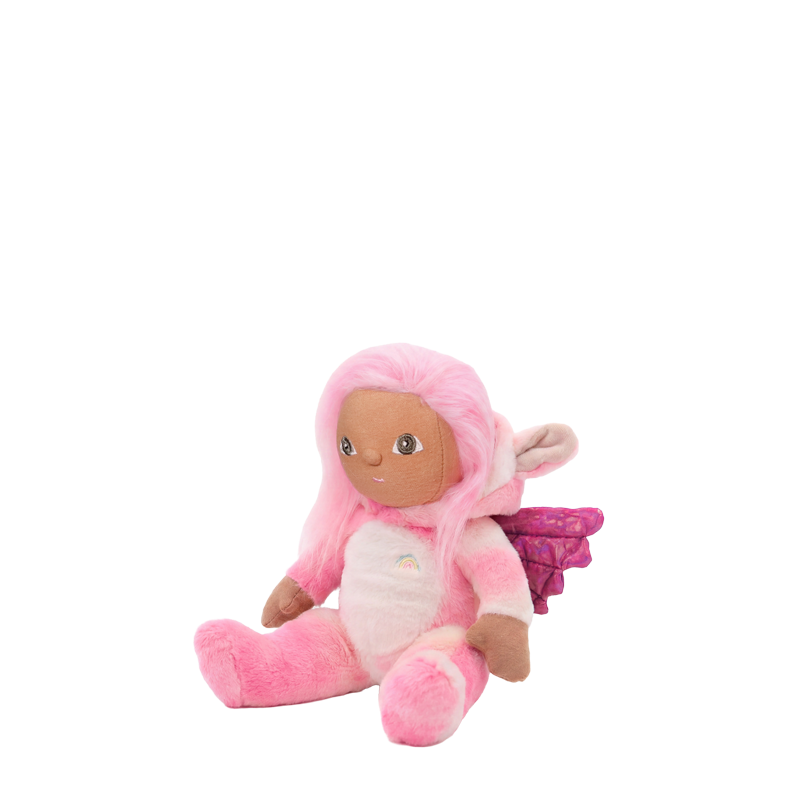 Dinky Dinkum - Yuna Unicorn pink soft doll with a friendly face and fluffy wings seated with plush arms and legs by Dinky Dinkums