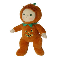 A plush Halloween doll dressed in an orange pumpkin costume with a green stem, green collar, and embroidered jack-o'-lantern face on the chest, shown against a plain white background.