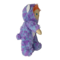 A plush toy doll wearing a fuzzy purple and blue animal-like hooded suit, with orange hair, a beige face, white ears, and tan claws, isolated on a white background.