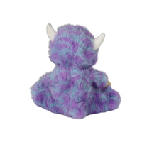 A plush monster toy shown from the back, featuring purple and blue mottled fur, white horns, and a small tan accent on its back.
