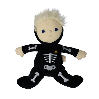 A plush doll wearing a black skeleton costume with white bone embroidery, a beige face and hands, and spiky white hair, photographed on a plain white background.