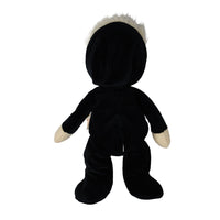 A black plush toy figure with a hood featuring fluffy white trim, long arms ending in cream-colored hands, and black feet, shown against a plain white background.