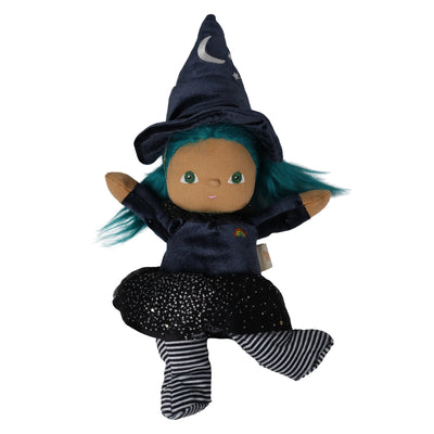 A plush witch doll with brown skin, green eyes, and bright teal hair, wearing a dark navy pointed hat with a white crescent moon, a dark navy dress, a black starry skirt, and black-and-white striped socks, isolated on a white background.