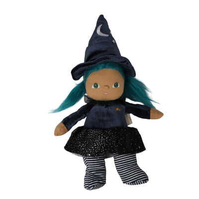A witch doll plush toy with teal hair, wearing a navy blue velvet hat with a crescent moon and star, a navy long-sleeve top, a black sparkly skirt, and black-and-white striped socks, shown on a plain white background.