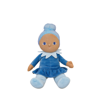 Plush toy doll with blue outfit and headband on a white background