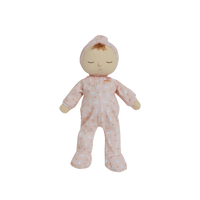 Pink, bunny printed plush doll, perfectly weighted and posable for imaginative doll play. Sodt and cuddly plush doll, an ideal companion from birth.