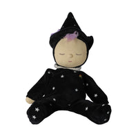 A sleeping plush doll with a pointed black wizard hat and matching black starry onesie, set against a plain white background.