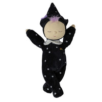 A plush baby doll dressed in a black wizard costume with embroidered white stars, a pointed hat, and a small rainbow detail on the chest, shown against a plain white background.