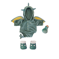 Dinosaur-themed baby outfit with hood, wings, and booties on a white background