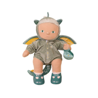 Doll in a dragon costume with wings on a white background
