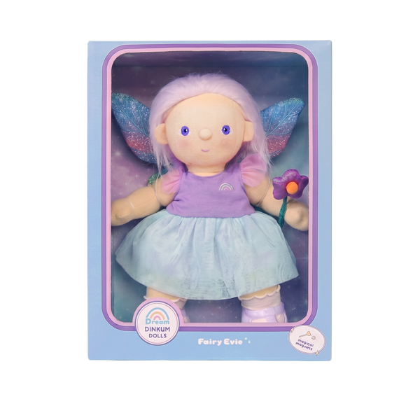 Fairy-themed doll in a box with a purple and blue color scheme