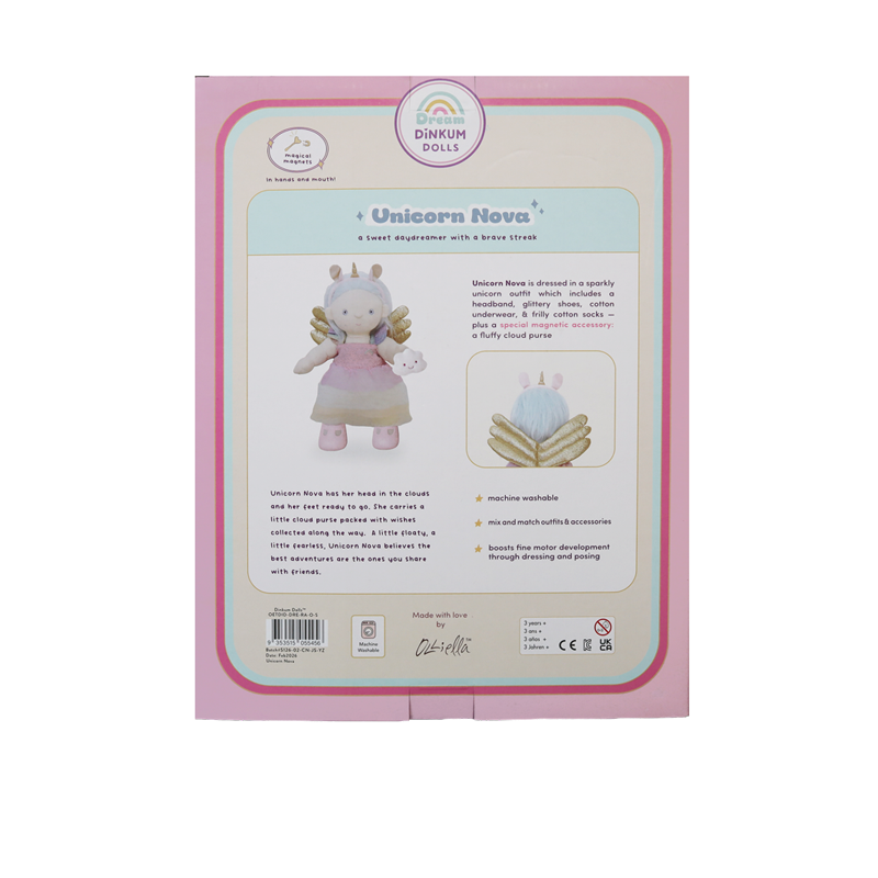 Unicorn Nova by Dinkum Dolls soft unicorn doll shown on the back of pink and blue packaging with whimsical illustrations and product details