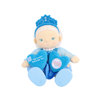 Plush doll with white hair, blue eyes and rosy cheeks, wearing a blue velvet tiara, a sequinned blue dress with sheer sparkly sleeves and a tulle skirt, white frilled socks, light blue shoes, and a blue heart-shaped bag with an embroidered snowflake.