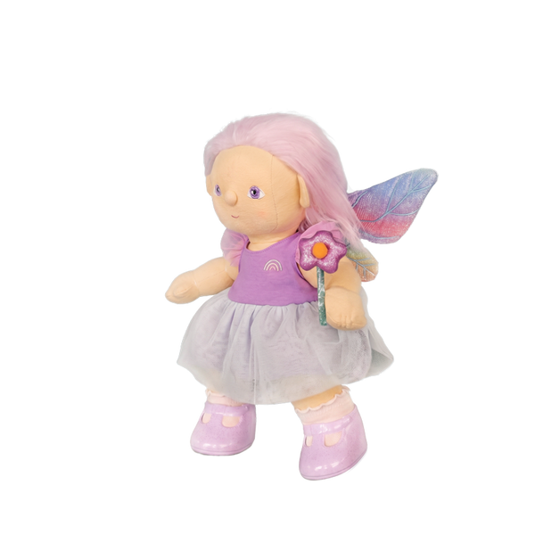 Plush fairy doll with pink hair, purple dress, and fairy wings on a white background