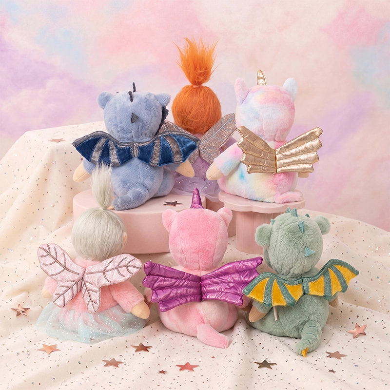 Dinky Dinkum - Dusty Dragon soft plush dragon doll surrounded by four colorful winged dragon friends in a dreamy pastel play scene from Dinky Dinkums