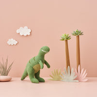Set of plush felted dinosaur toys for kids. Set of prehistoric small dinosaur toys featuring Pterodactyl, T-Rex and Ankylosaurus.