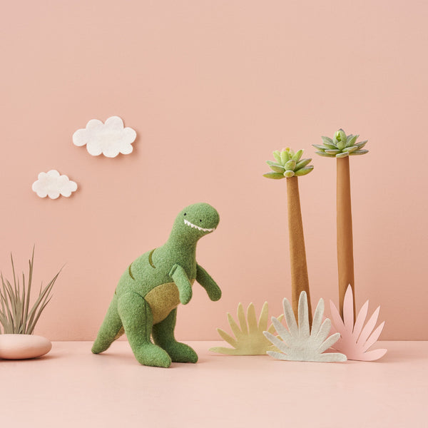 Set of plush felted dinosaur toys for kids. Set of prehistoric small dinosaur toys featuring Pterodactyl, T-Rex and Ankylosaurus.