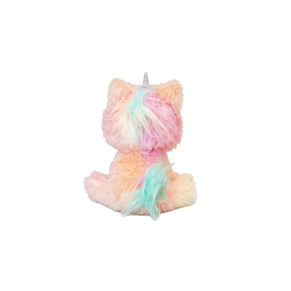 Pastel-colored unicorn plush toy on a white background
