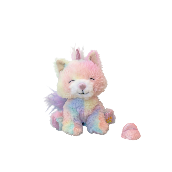 Pastel-colored plush toy on a white background