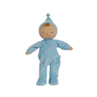 Blue posable plush doll suitable from birth. The Lullaby Leo includes a pompom on their bonnet that plays a sleepy tune when pulled. 