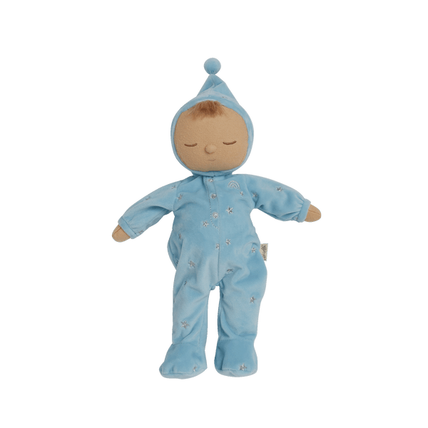 Blue posable plush doll suitable from birth. The Lullaby Leo includes a pompom on their bonnet that plays a sleepy tune when pulled. 