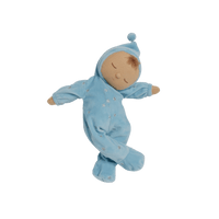 Blue posable plush doll suitable from birth. The Lullaby Leo includes a pompom on their bonnet that plays a sleepy tune when pulled. 