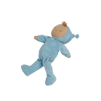 Beautiful baby blue plush doll, posable and perfectly weighted for calm. The Lullaby Leo includes a pompom on their bonnet that plays a sleepy tune when pulled. This doll is suitable from birth.