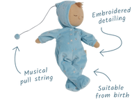 Blue posable plush doll suitable from birth. The Lullaby Leo includes a pompom on their bonnet that plays a sleepy tune when pulled. 