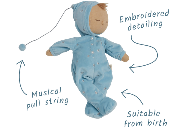 Blue posable plush doll suitable from birth. The Lullaby Leo includes a pompom on their bonnet that plays a sleepy tune when pulled. 