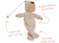 Pink posable plush doll suitable from birth. The Lullaby Luna includes a pompom on their bonnet that plays a sleepy tune when pulled. 