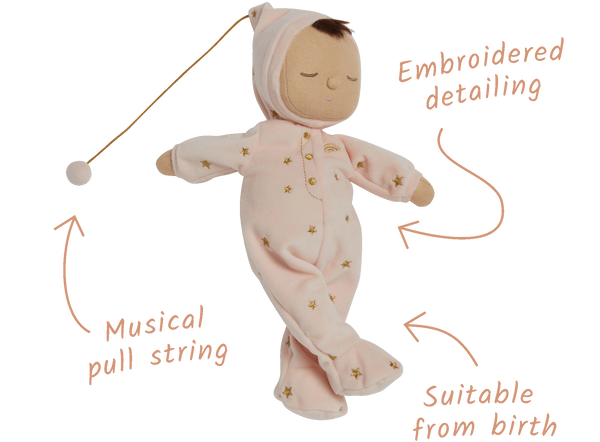 Pink posable plush doll suitable from birth. The Lullaby Luna includes a pompom on their bonnet that plays a sleepy tune when pulled. 