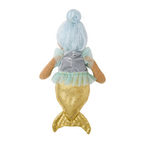 A mermaid doll viewed from the back, featuring light blue hair in a bun, a shimmering gold tail, and a mint green and gray top, set against a plain white background.