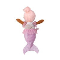 A plush mermaid toy shown from the back, featuring pink hair in a bun, brown arms, a light pink ruffled top, and a textured light purple-pink mermaid tail.