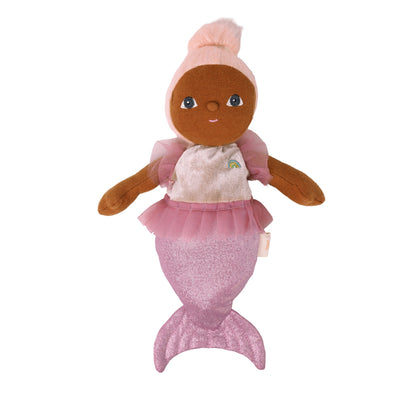 A mermaid-themed plush doll with a brown face and arms, wearing a pink and white top with a glittery pink mermaid tail, isolated on a white background.