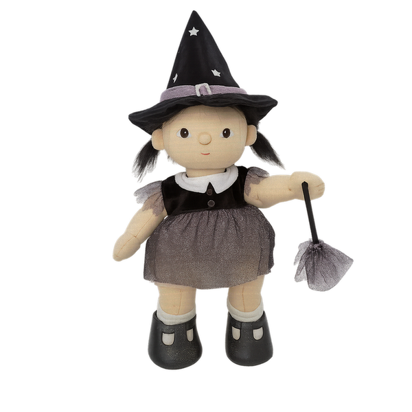 Dream Dinkum - Wendy Witch Black soft doll in a black witch hat and dress holding a broom by Dinkum Dolls