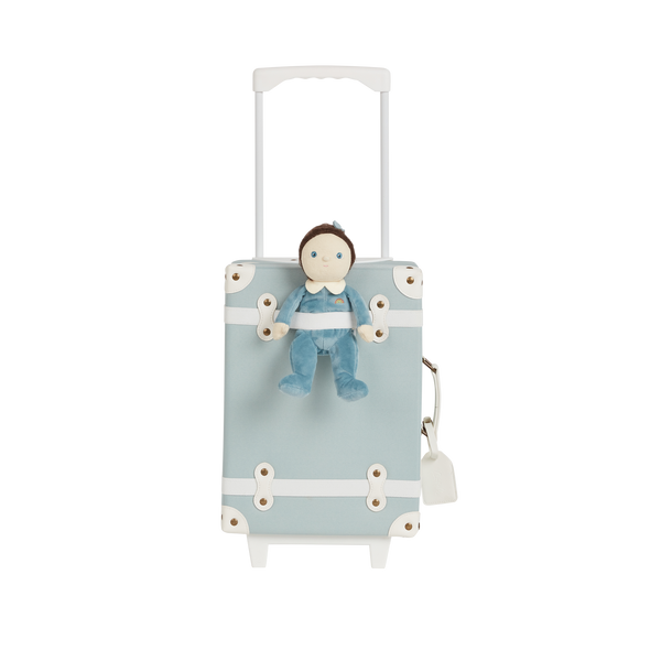 The ultimate kids travel suitcase. Blue suitcase for kids holidays, with straps to carry their favourite doll / toy.