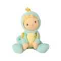 A plush doll dressed in a mint green hooded onesie with a pale yellow belly and matching yellow hair, photographed against a plain white background.
