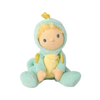 A plush doll dressed in a mint green hooded onesie with a pale yellow belly and matching yellow hair, photographed against a plain white background.