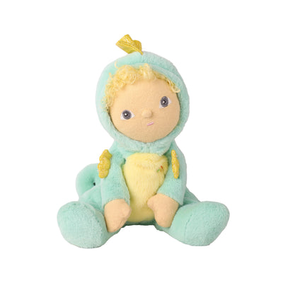 A plush doll dressed in a mint green hooded onesie with a pale yellow belly and matching yellow hair, photographed against a plain white background.