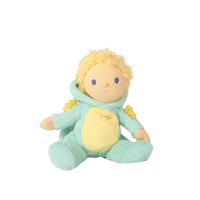 A plush doll with curly blonde hair, a pale peach face, and a mint green hooded outfit with a yellow belly patch and small yellow wings, shown on a plain white background.
