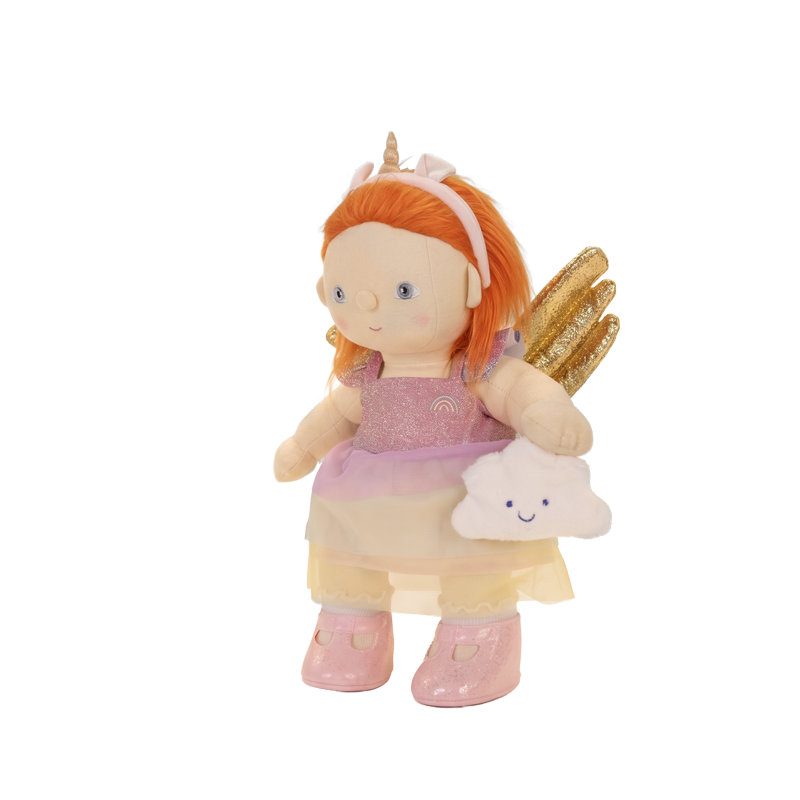 Unicorn Outfit Set for Dinkum Dolls featuring a soft doll in a pink glitter dress with gold wings and a unicorn headband.