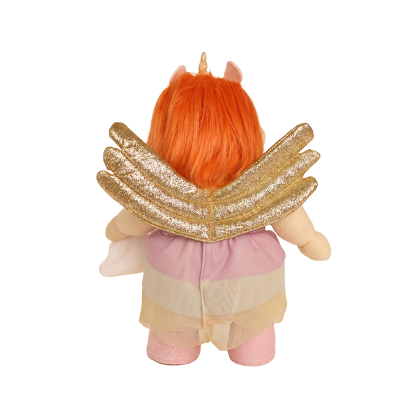 Plush toy with orange hair and gold wings on a white background