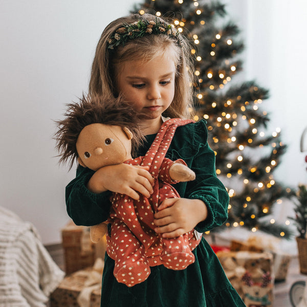 Olli Ella Christmas theme Sweetheart Red print Carrier for dolls with child and doll