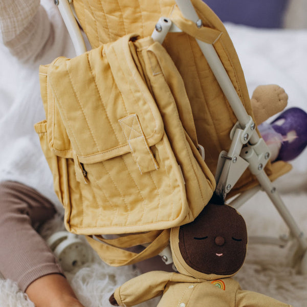 Olli Ella Yellow Doll changing mat and bag for kids imaginative play.